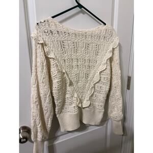 Sezane  Aleyna sweater cream off white sz s crochet knit ruffle cotton alpaca